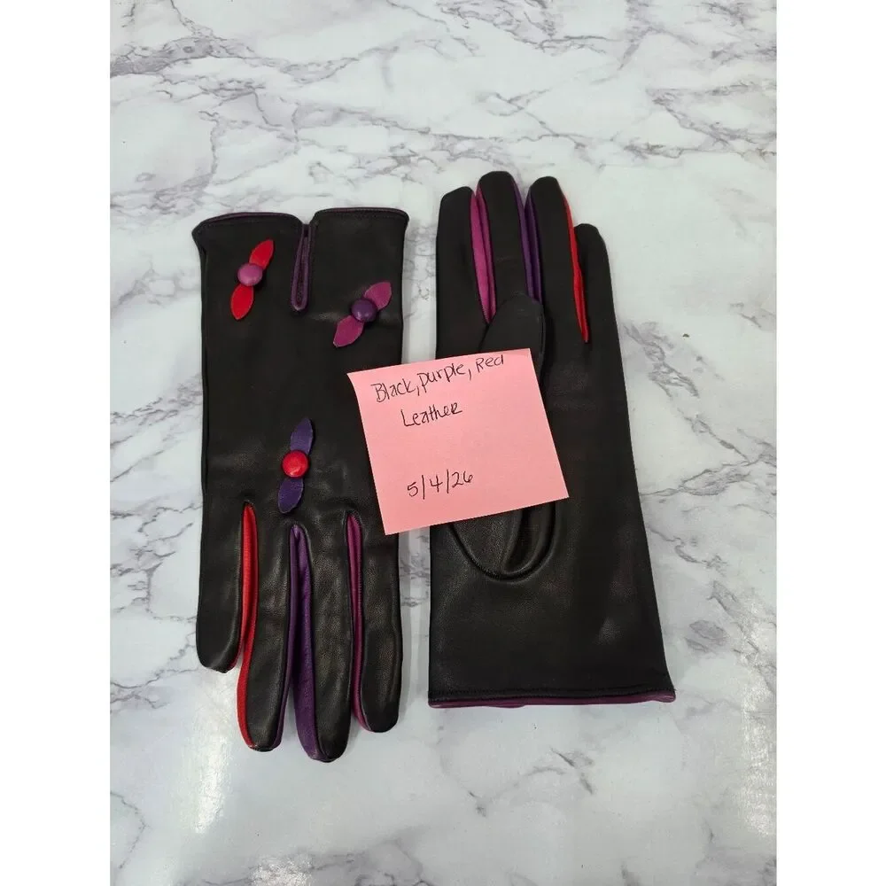 Vintage Black Leather Gloves with Purple & Red Accent Dress Or Driving Gloves